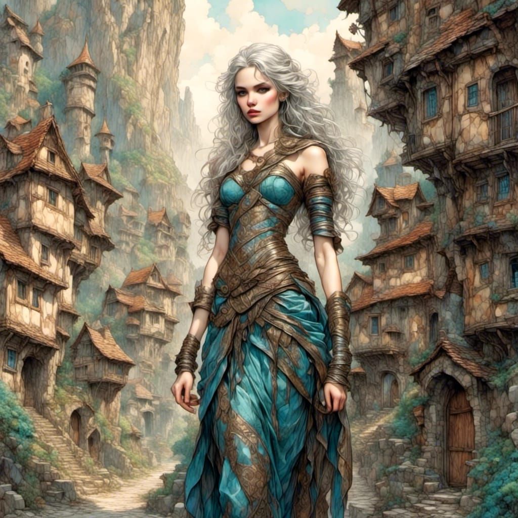 Giant Woman Strides Through Fantasy Drow City