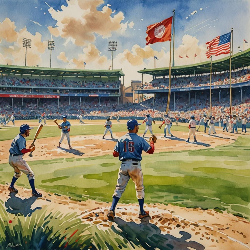 Baseball Game in Impressionistic Watercolor Style
