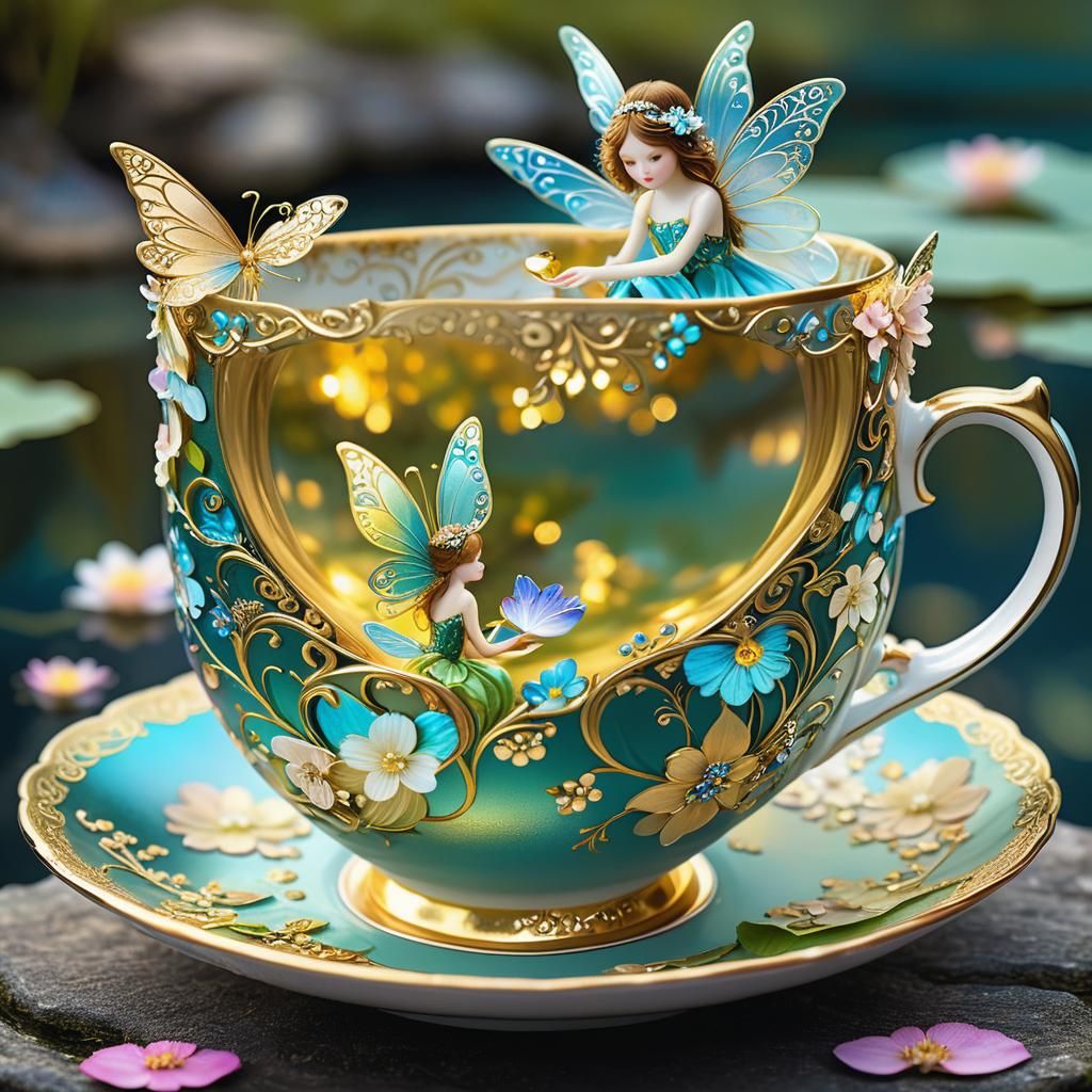 Fairy Near Lagoon in Ornate Teacup, Klimt Style