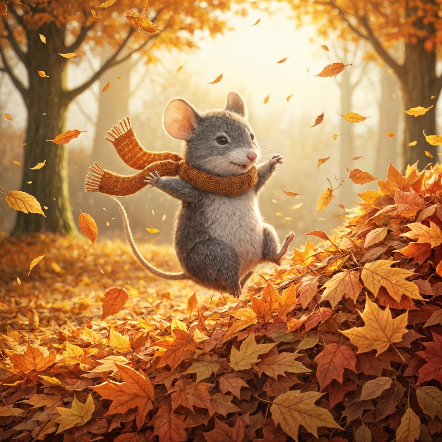 Cute Mouse Leaping Joyfully into Autumn Leaves
