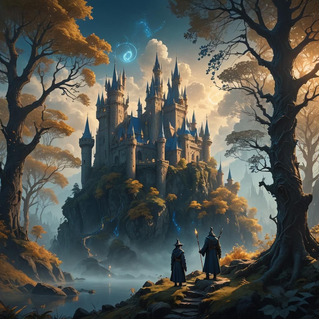 Wizard at Mystical Forest Edge with Castle