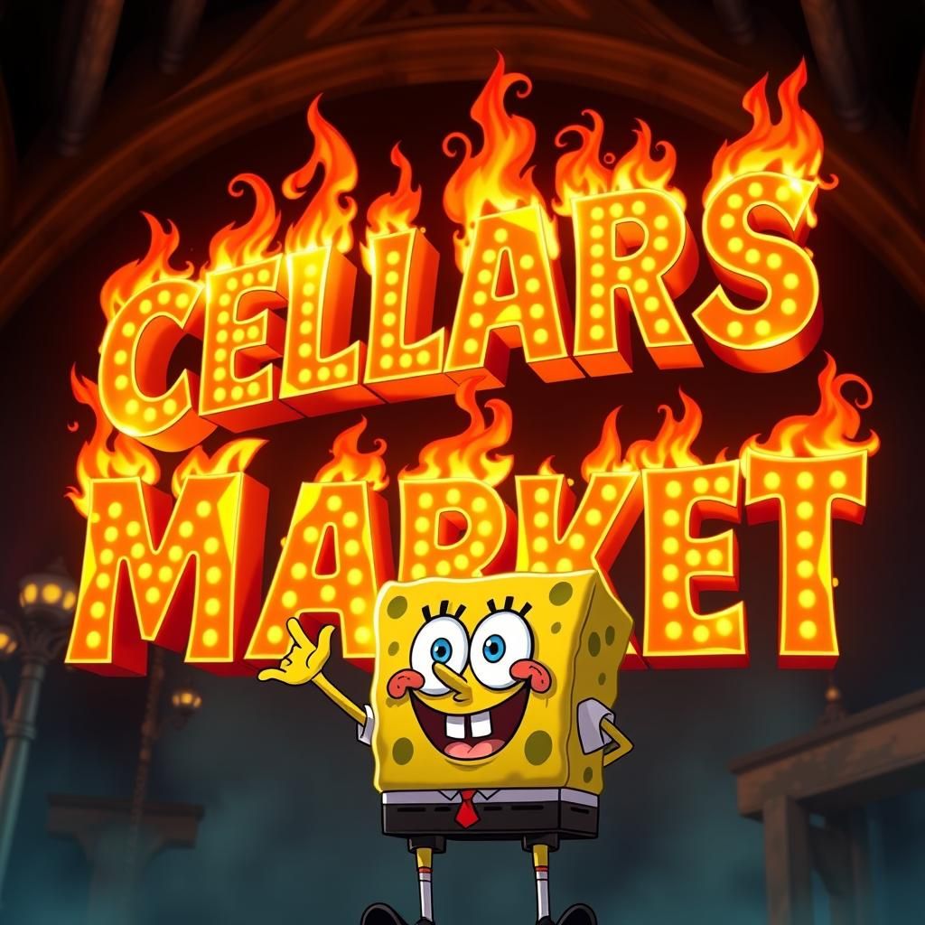Flaming "CELLARS MARKET" Logo Held by SpongeBob