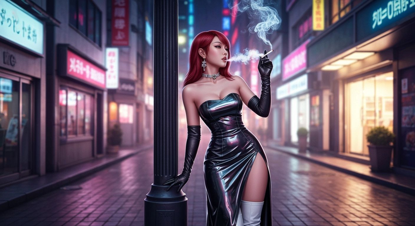 Red-Haired Woman in Neon Cityscape, Hyperrealistic Style