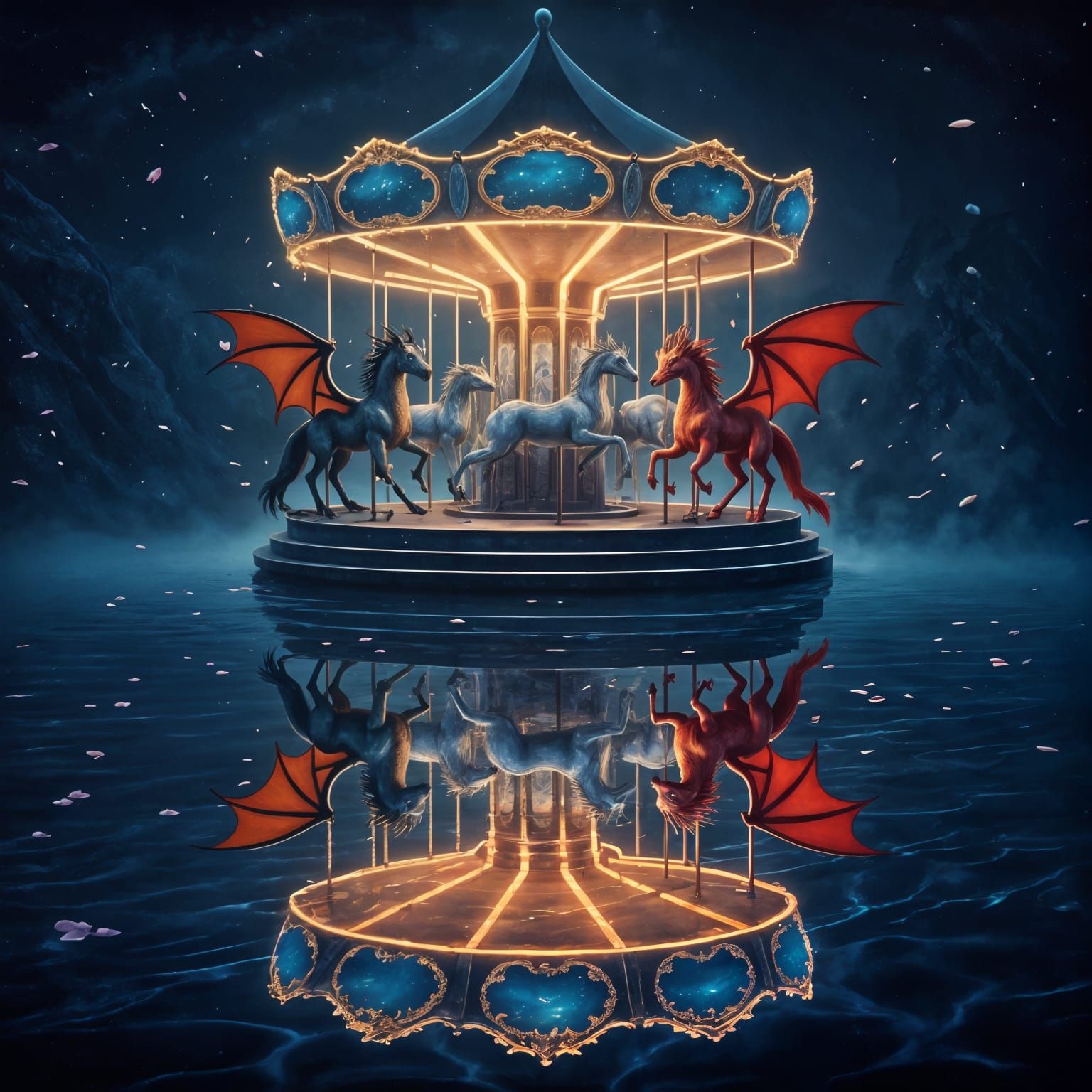 Surreal Twilight Carousel with Mythical Beasts