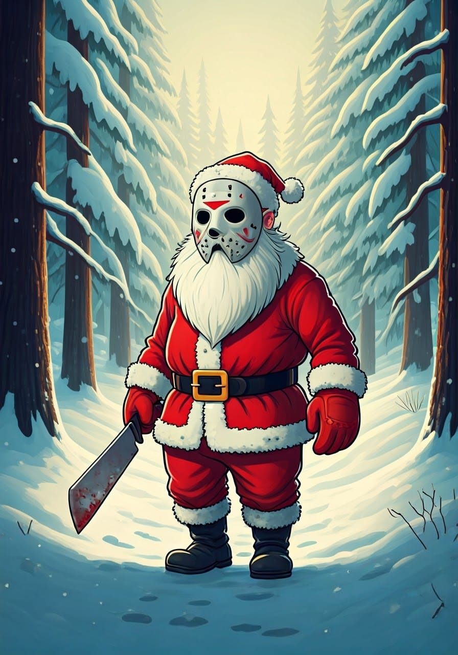 Cartoon Santa Claus Wields Machete in Whimsical Winter Wonde...