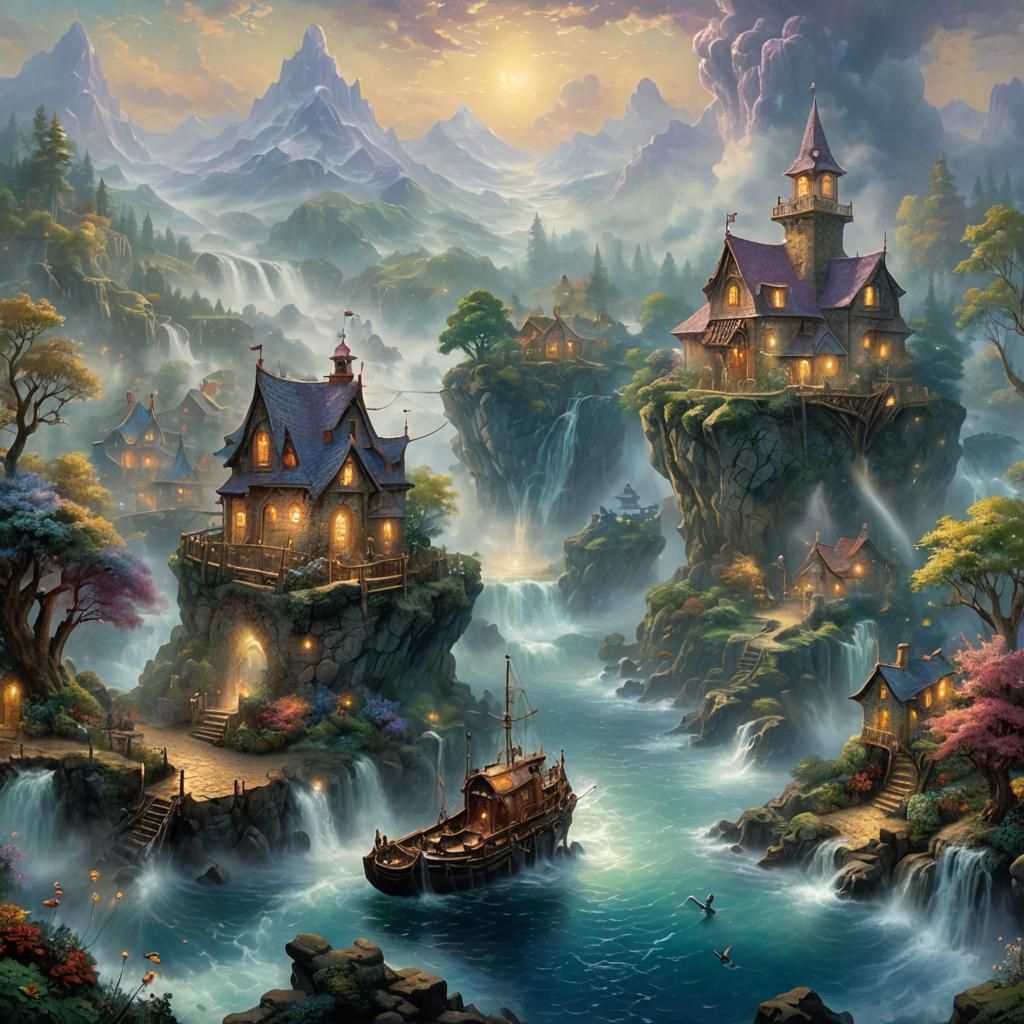 Ethereal Water World Fantasy in Kinkade Style