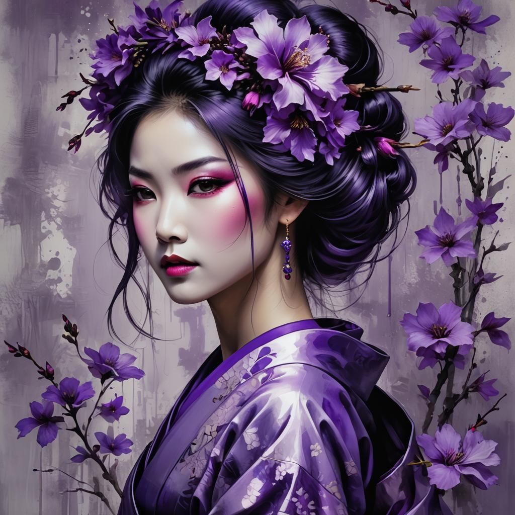 Monochromatic Purple Geisha Portrait with Floral Adornments