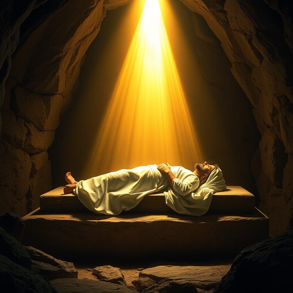 God's divine light illuminates Jesus in the tomb