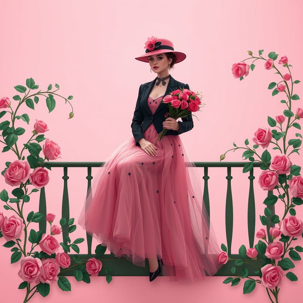 Elegant Woman on Floral Swing, Art Nouveau Style