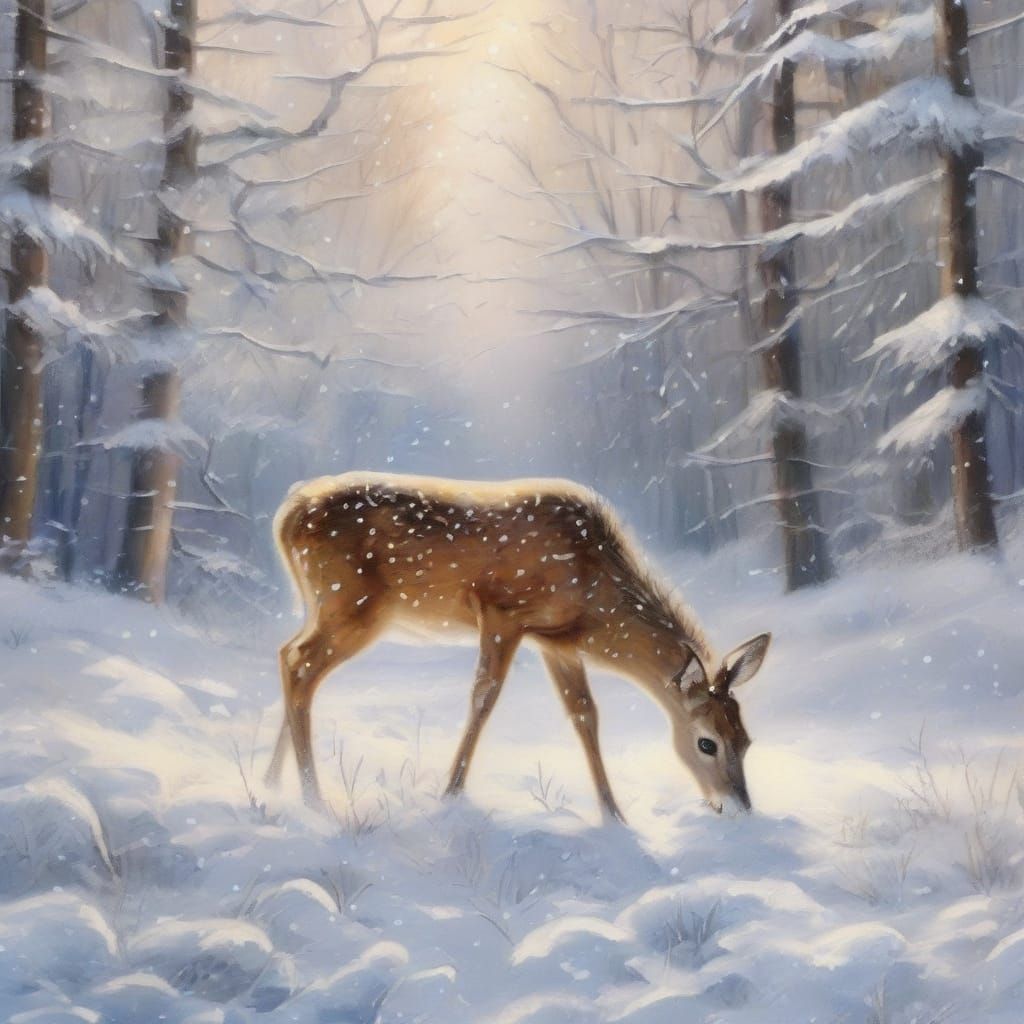 Surreal Winter Forest Scene with Deer in Impasto Style