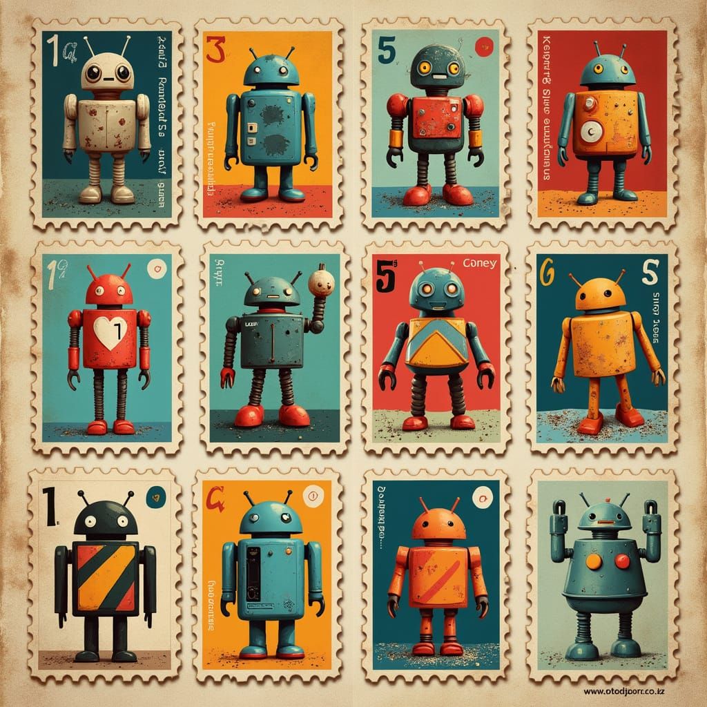 Android OS Postage Stamps in Vintage Style