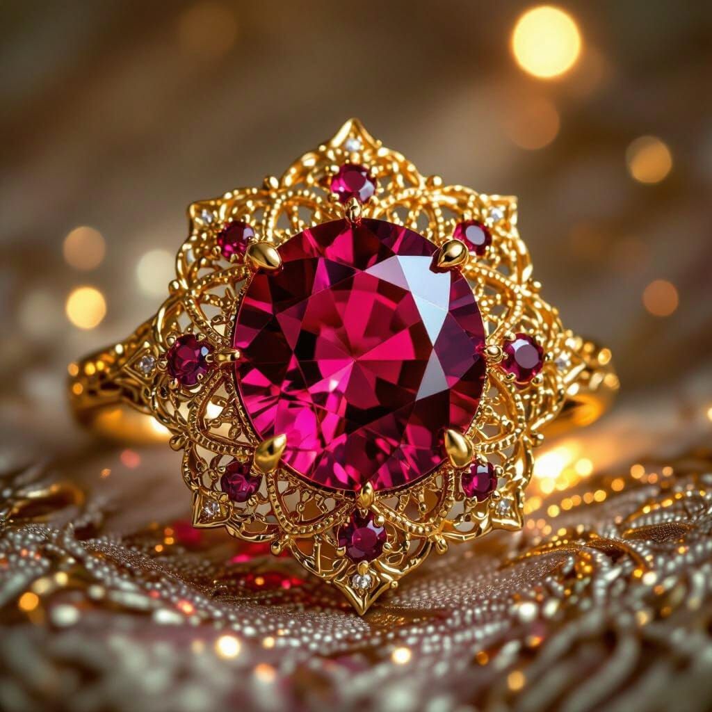 Ruby Gemstone Shines with Gold Filigree
