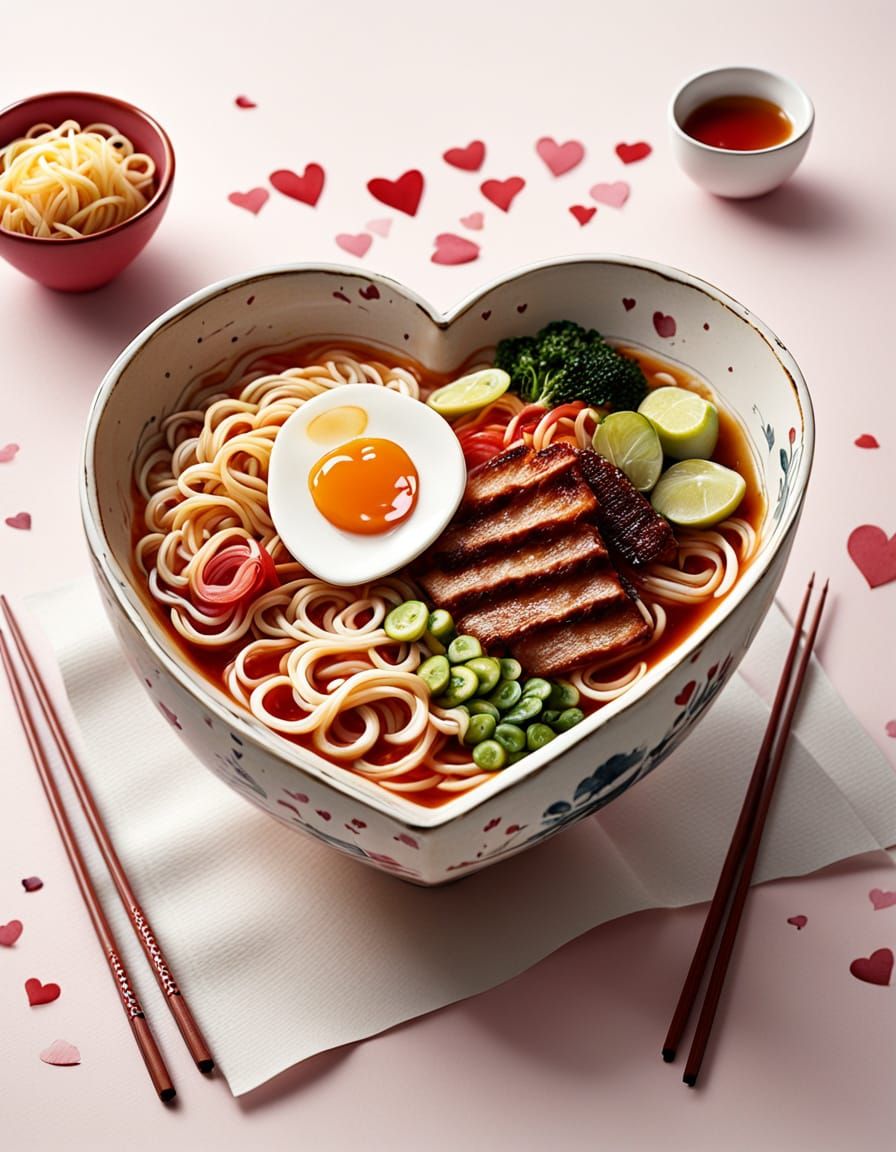Heartwarming Watercolor Ramen Bowl on Valentine's Day