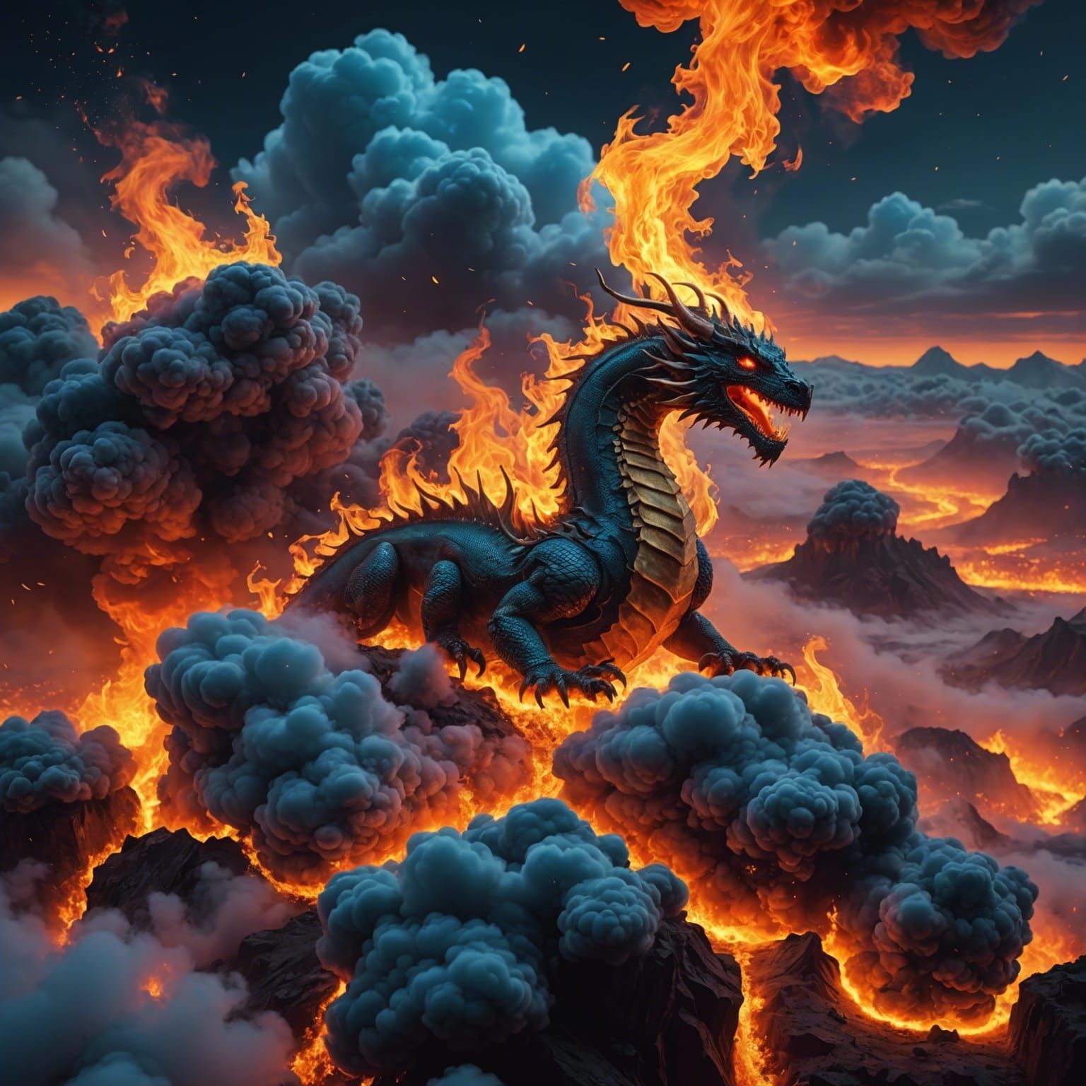 Fiery Dragon Soaring Through Clouds: 4K Panorama