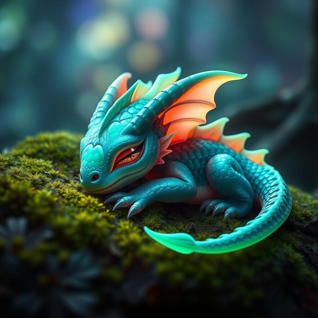 Neon Teal Dragon Sleeps in Mossy Forest
