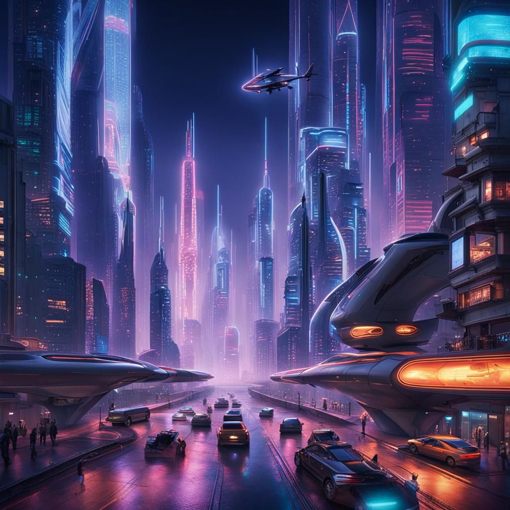 Futuristic Neon Metropolis with Flying Vehicles