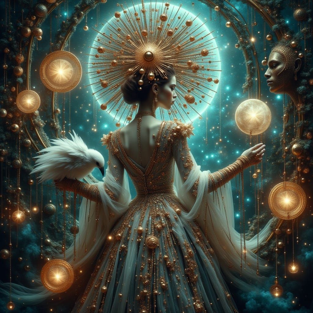 Raven Oracle in Mechanical Starlit Garden