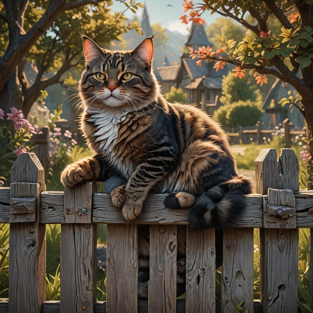 Sleepy Cat on Fence: Fantasy Concept Art