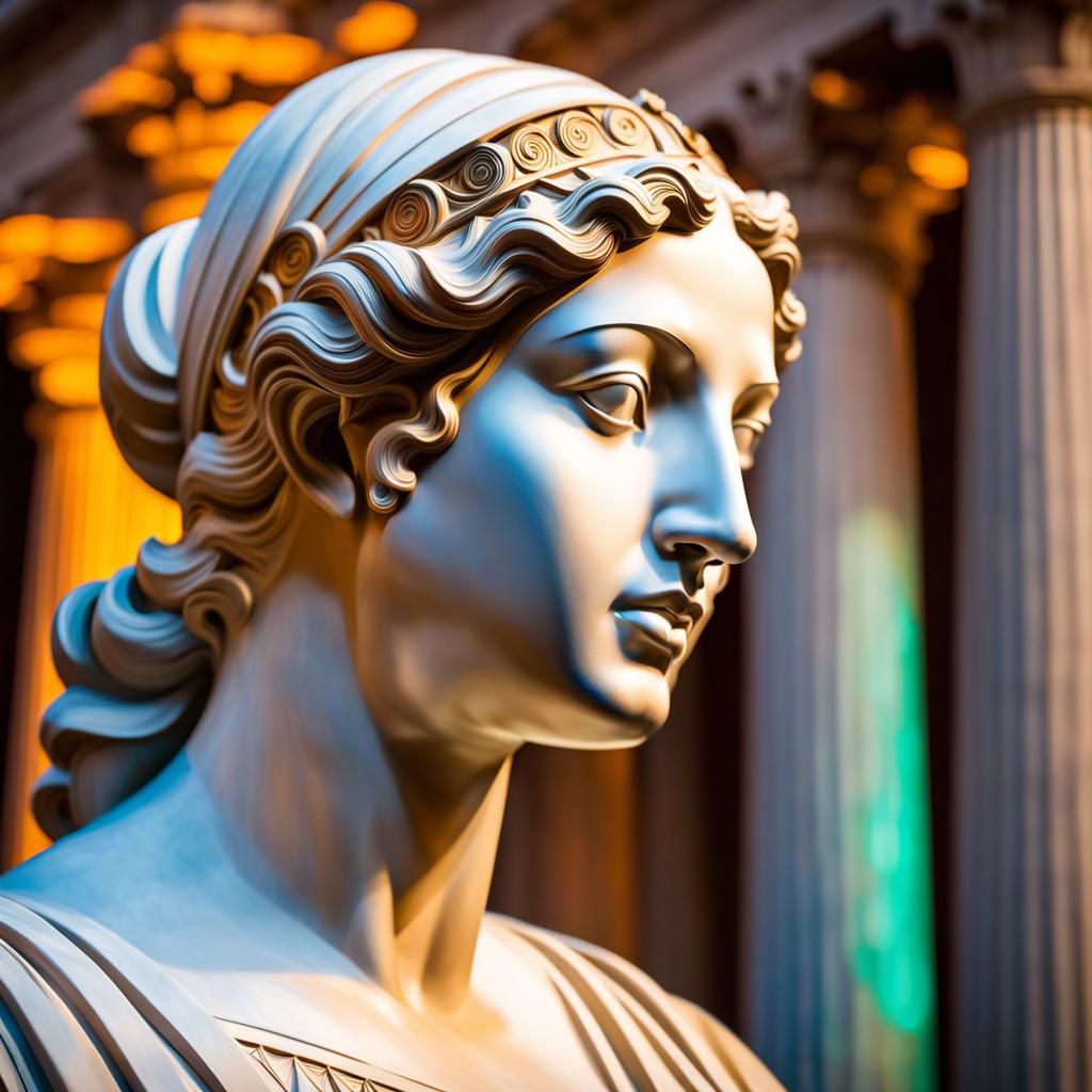 Head and shoulders of Venus de Milo sculpture. Background of...