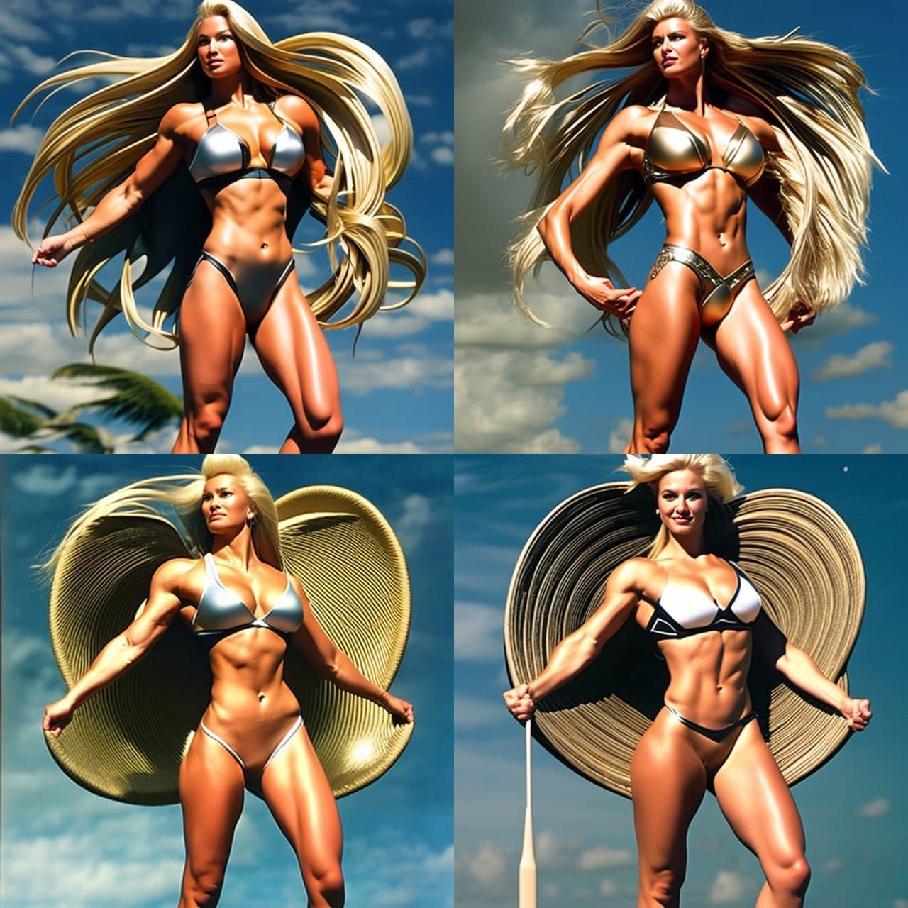 Female Bodybuilder Posing on Sunset Beach, Anime Style