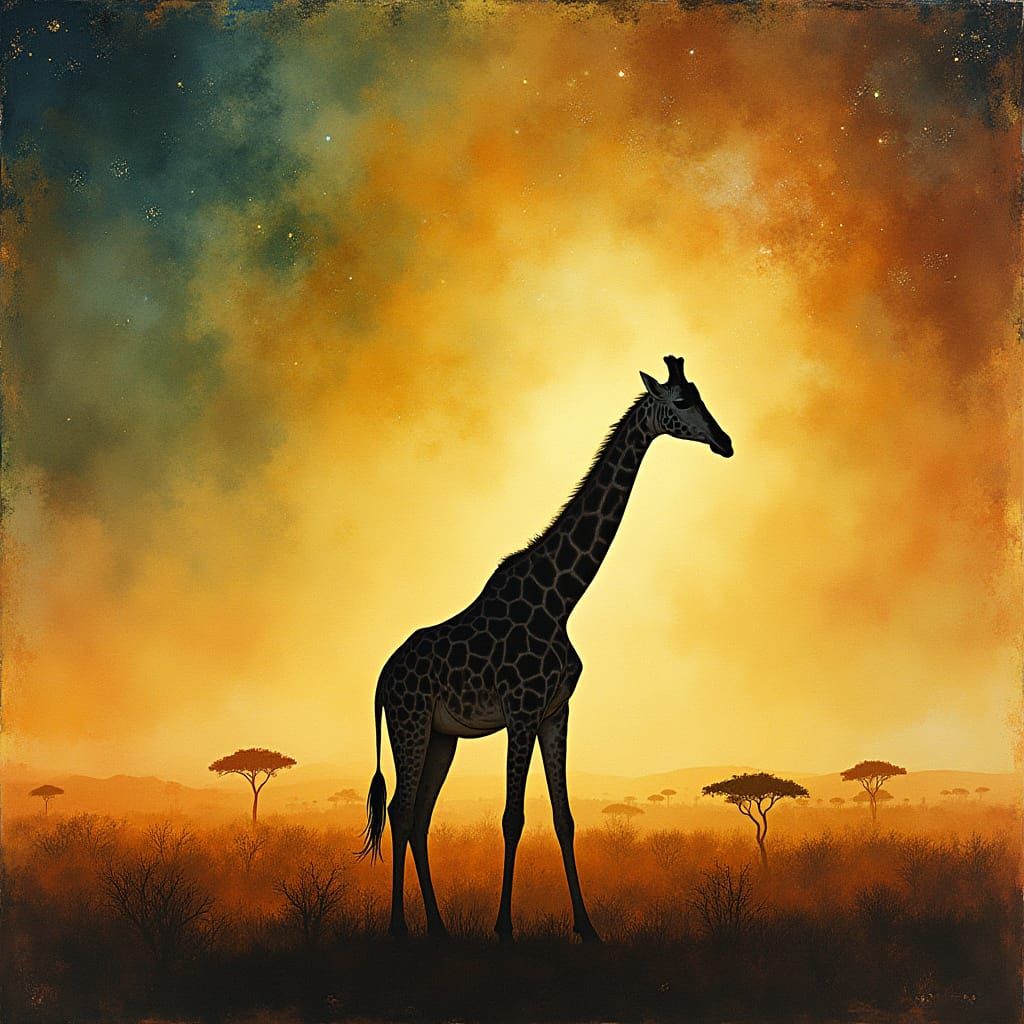 Giraffe Silhouetted Under Ethereal Sky in Watercolor