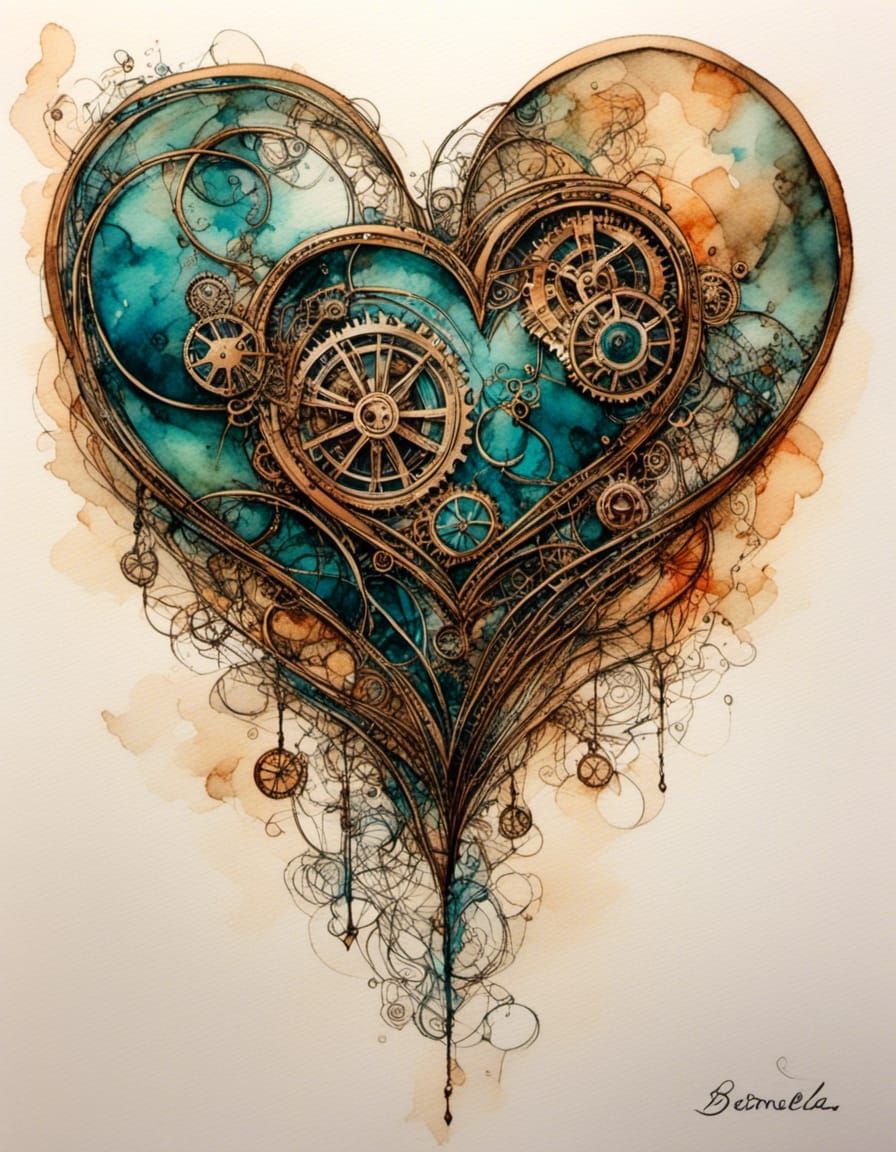 Steampunk Heart in Watercolor Style