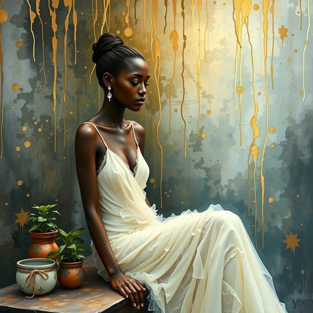 Contemplative Woman in Flowing Gown with Gold Accents