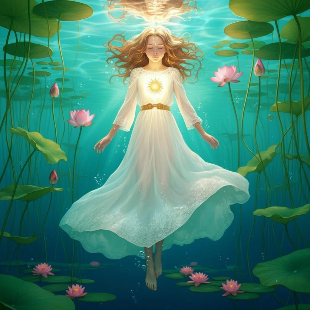 Girl Radiates Soft Light from Heart, Surrounded by Lush Wate...