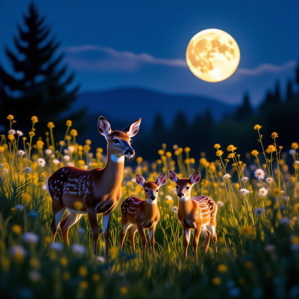 Glowing Deer Family in Moonlit Meadow