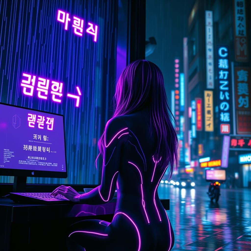 Futuristic AI Character in Cyberpunk Room