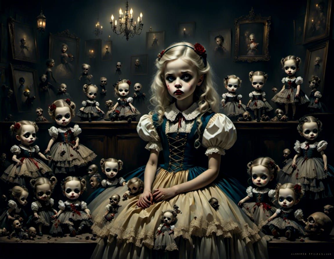 A zombie girl playing with her dolls.