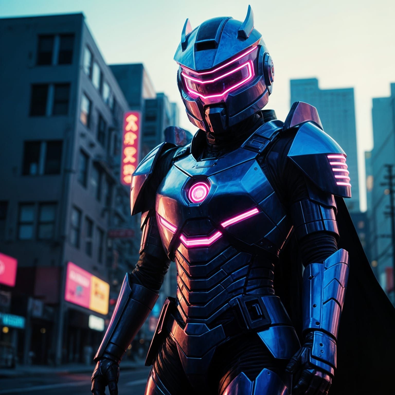 Epic Japanese Superheroine in Neon-Lit Armor