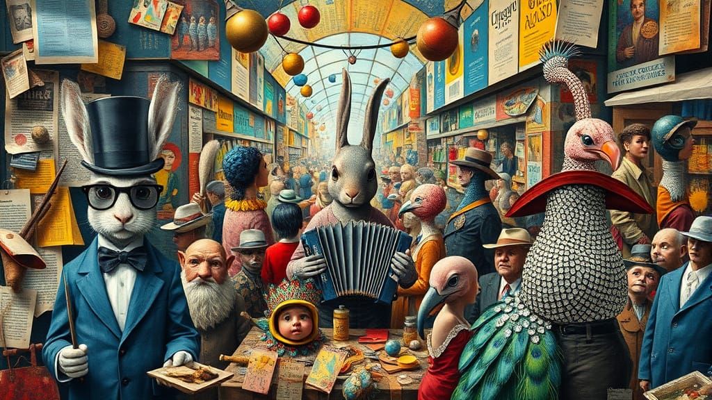 Surrealist Marketplace Scene in Impasto Collage Style