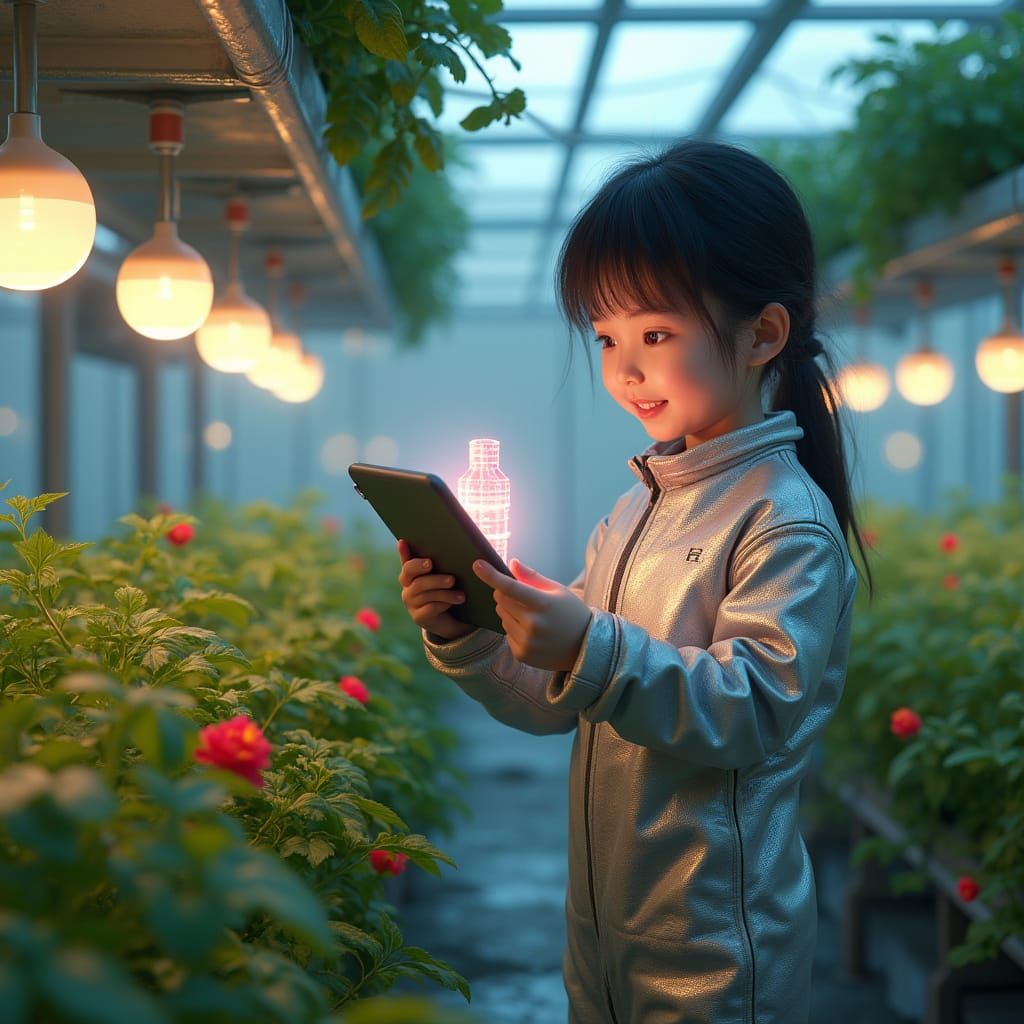 Future Astronaut Girl Among Lush Greenery in Lunar Greenhous...