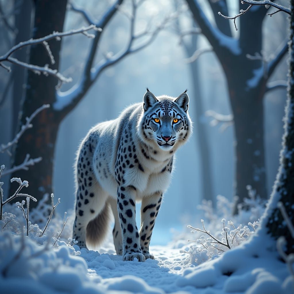 Wolf and Snow Leopard Hybrid in Snowy Forest