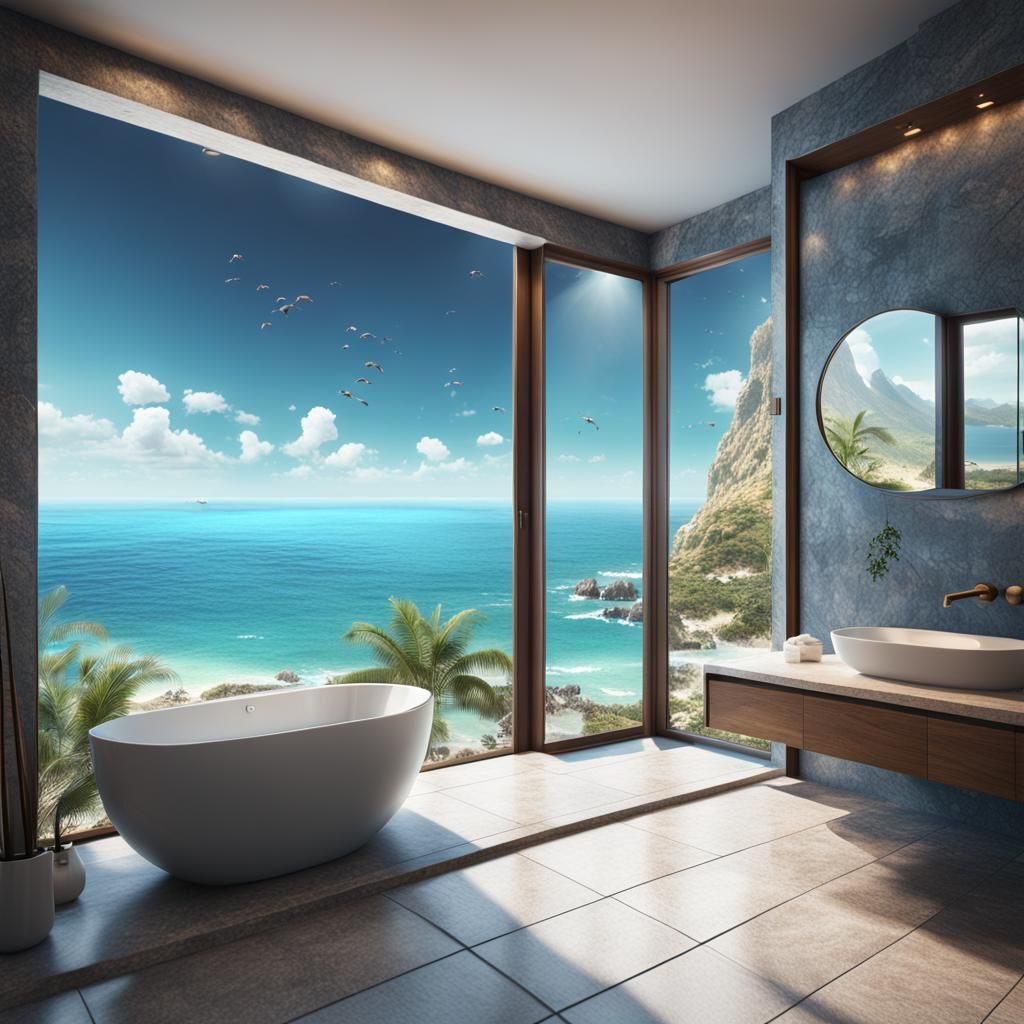 Modern Bathroom with Beach View, Digital Art