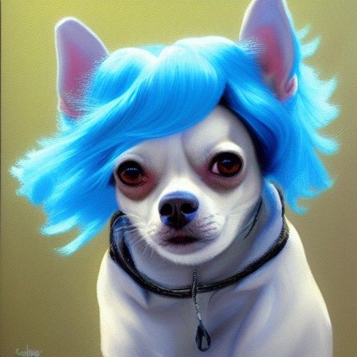 Chihuahua with Blue Wig: Oil Painting Style