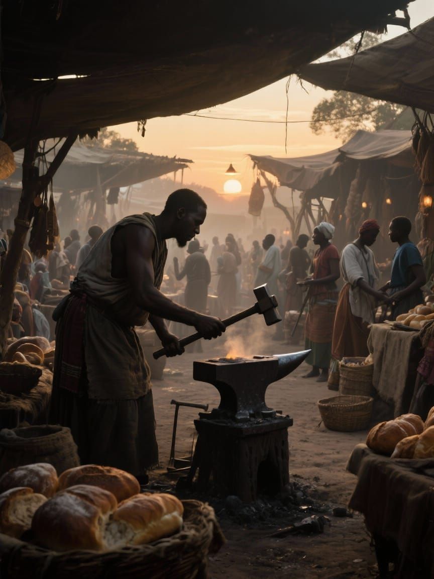 African Marketplace at Dawn in Realistic Style