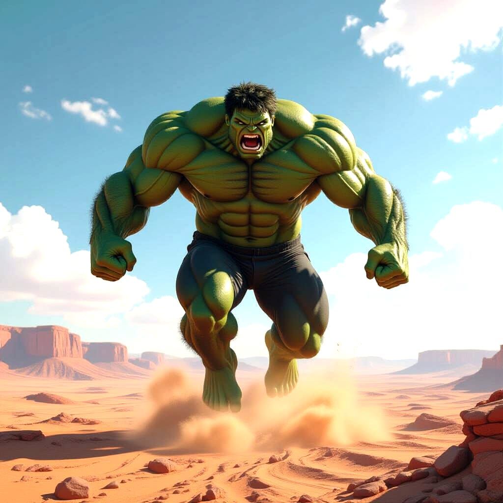 Hulk Leaping Over Desert Landscape