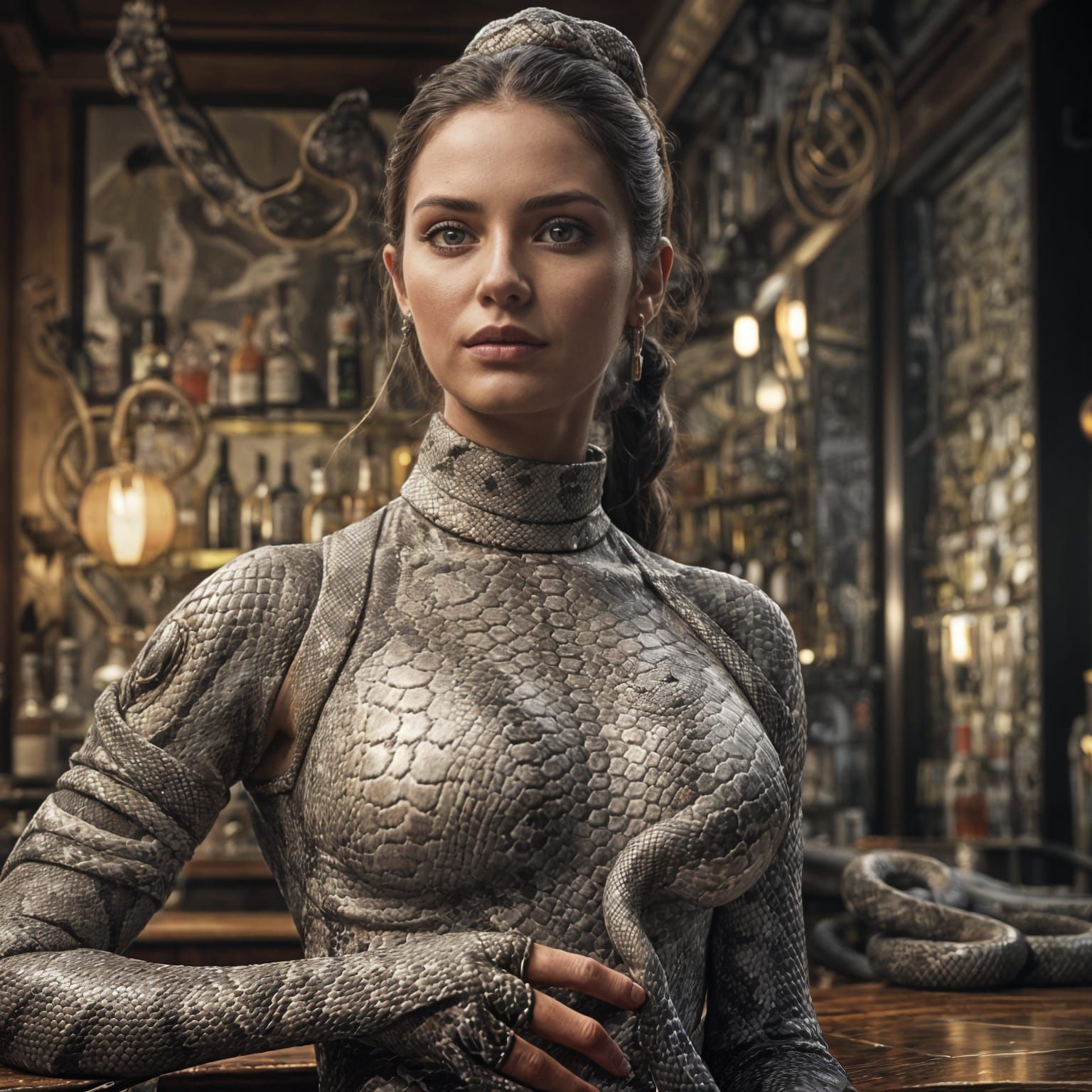 Elegant Woman-Snake Hybrid in Postmodern Bar