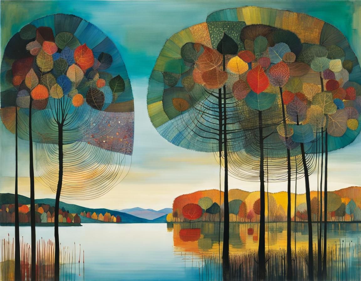 Autumn Lake: Art Brut Inspired Evening Scene