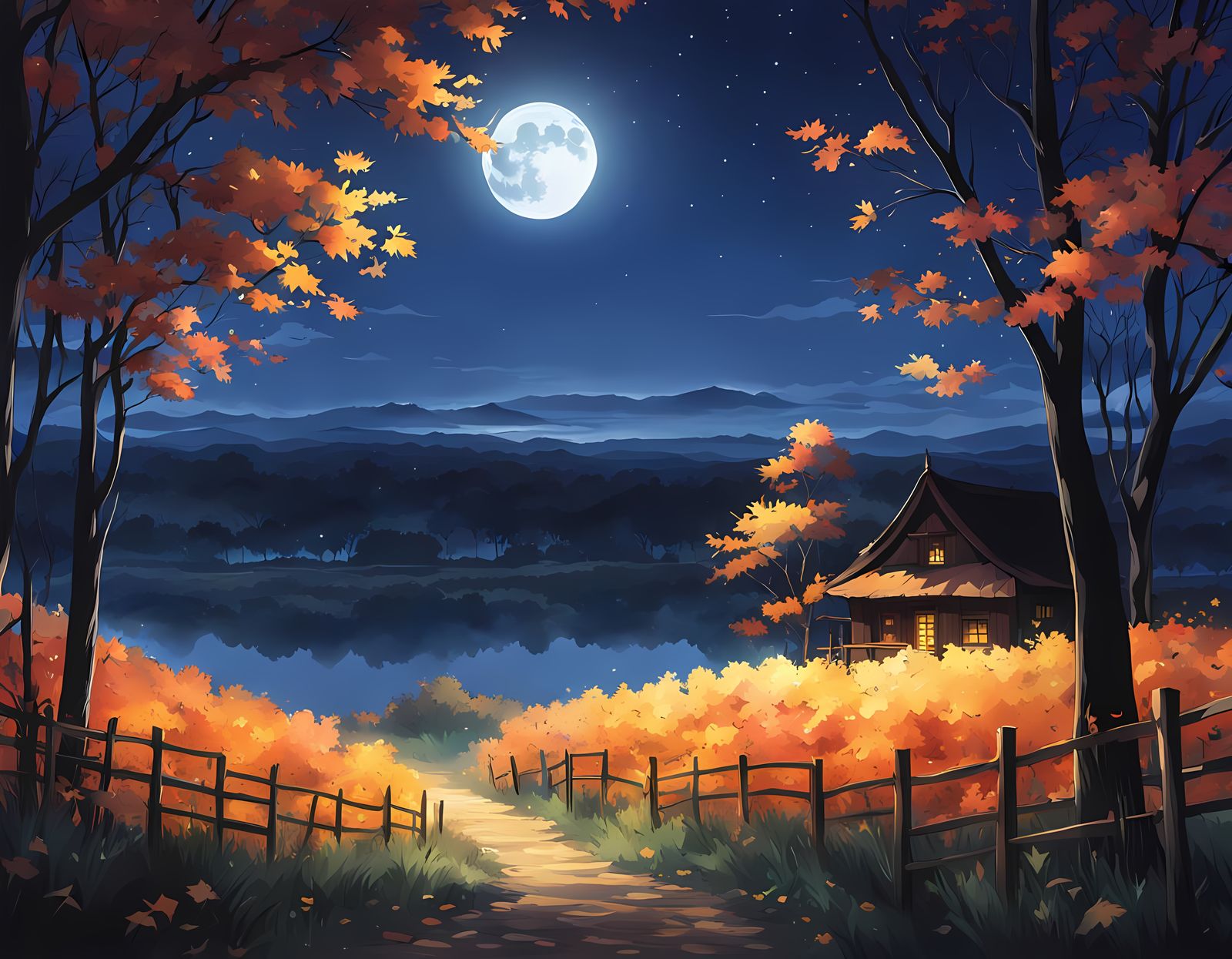 Luminous Moon Over Autumn Landscape in Anime Style