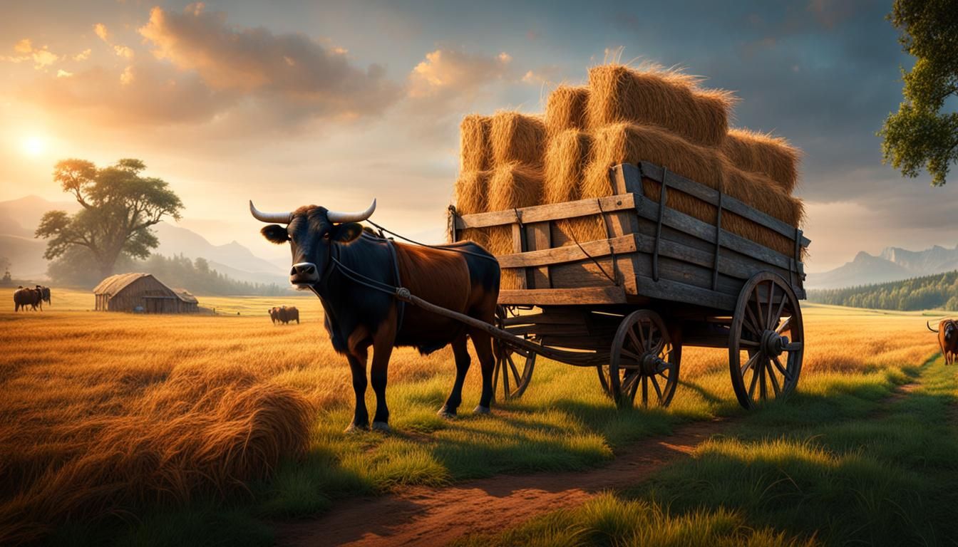 Old Hay Cart Pulled by Oxen: Matte Painting
