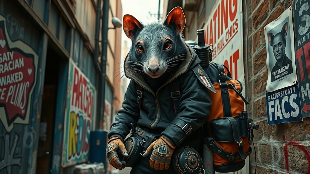 Cyberpunk Rodent Traveler in Urban Alleyway