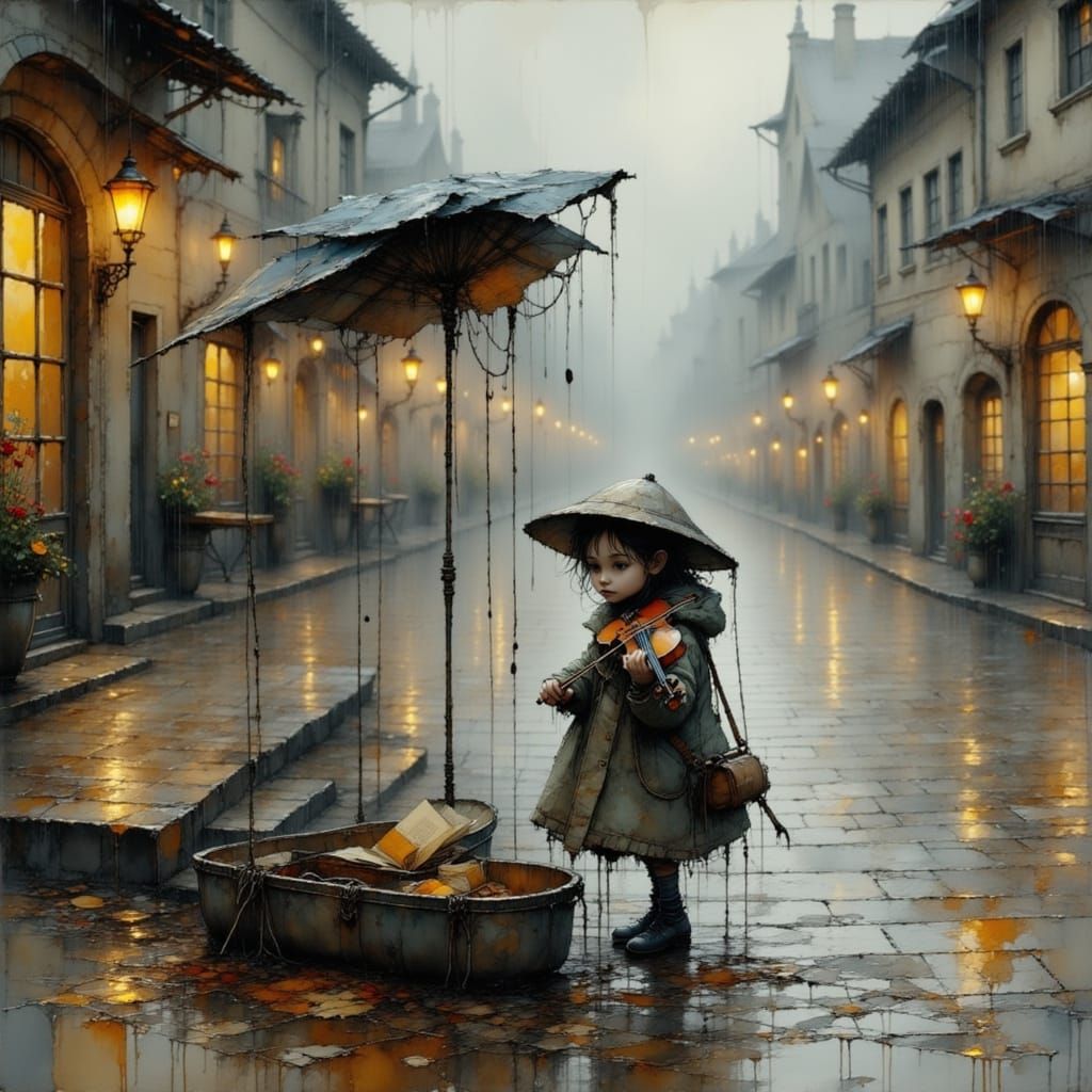 Street Violinist in Rainy European Square