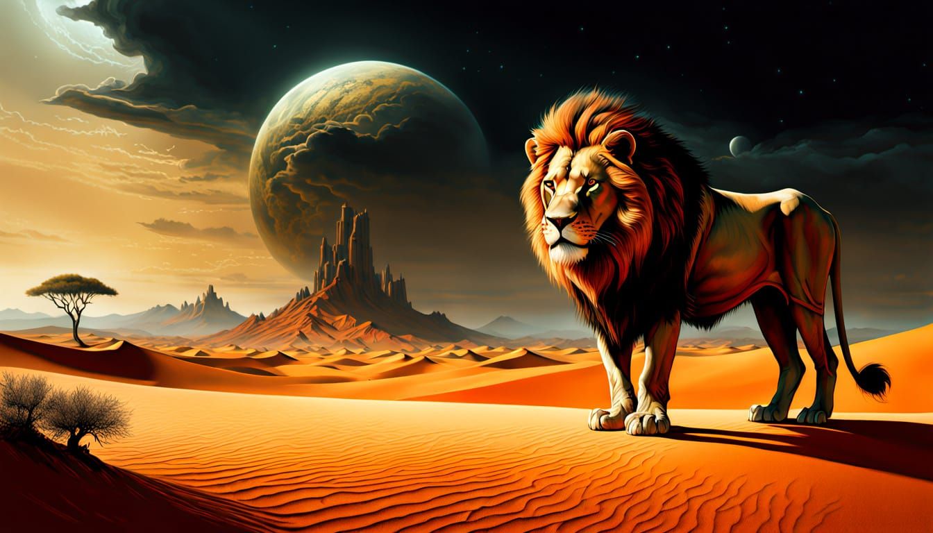 Surrealist Lion Figure Stands in Desert Wasteland