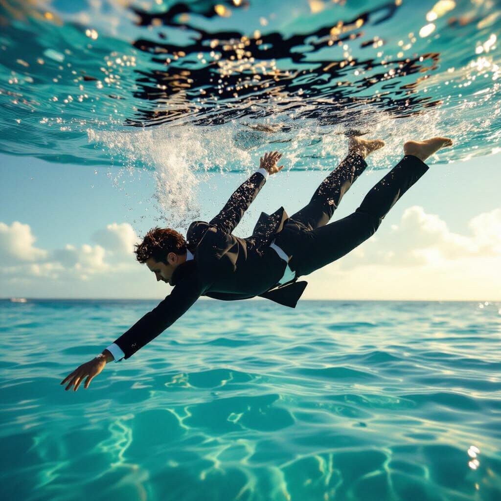 Man in Suit Diving into Crystal Water in Cinematic Style