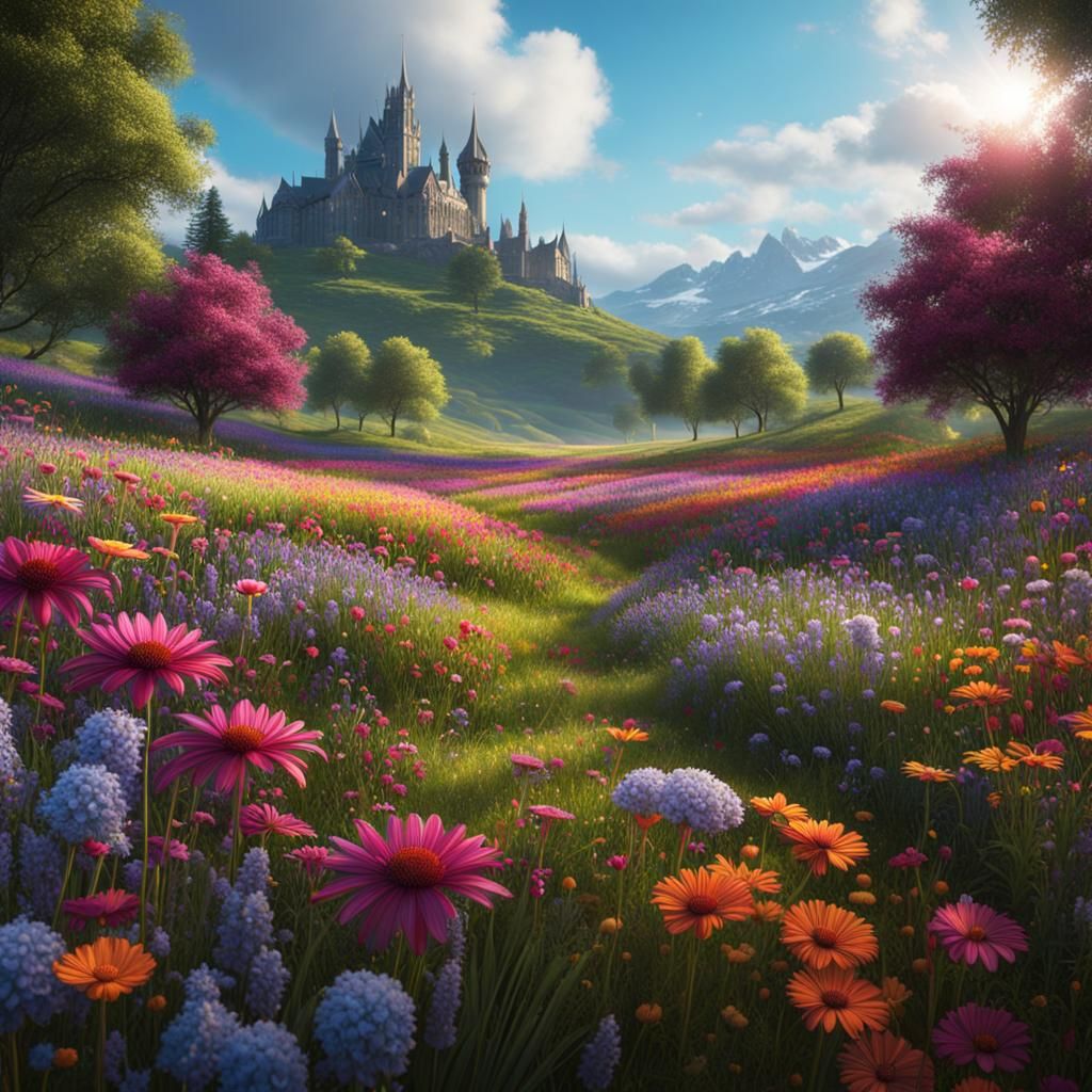 Fantastical Flower Meadow in Detailed Matte Painting