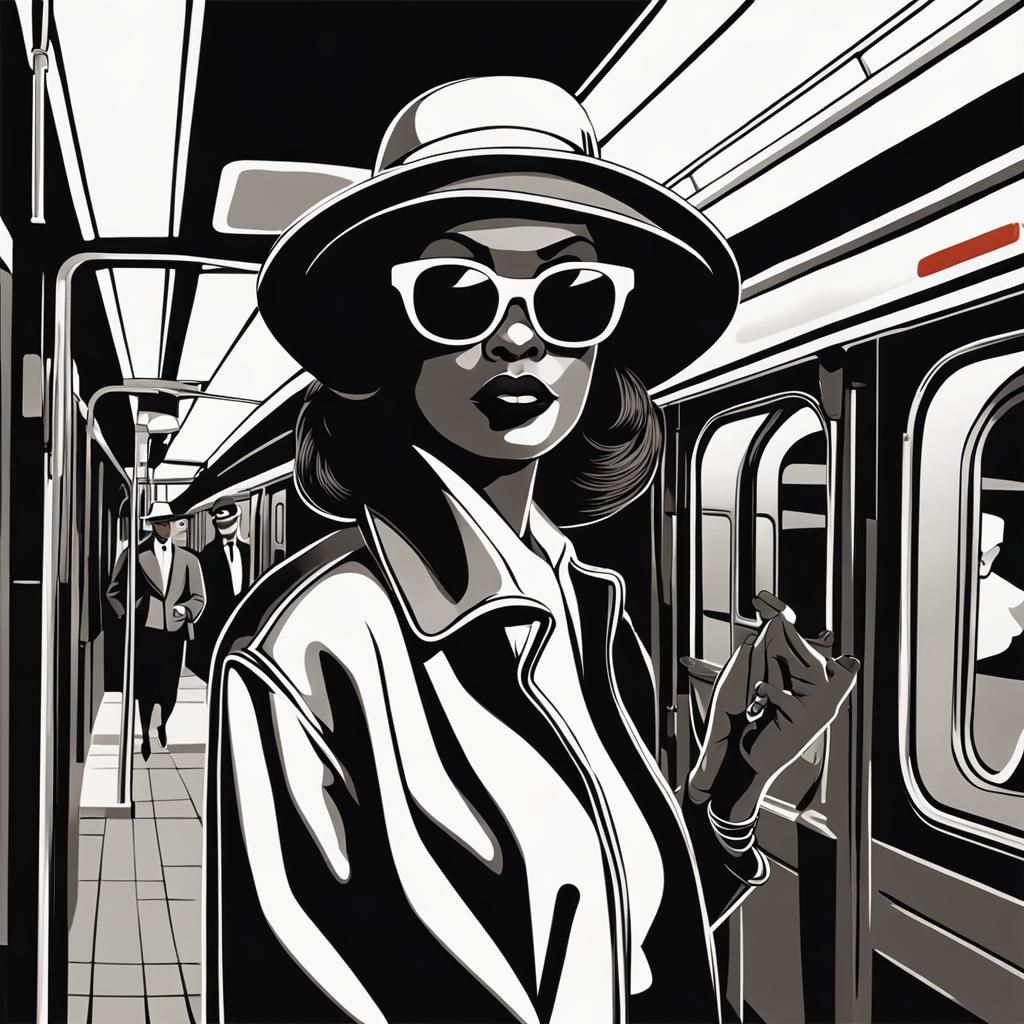 Melanin Woman on Subway: Retro Art Deco Illustration