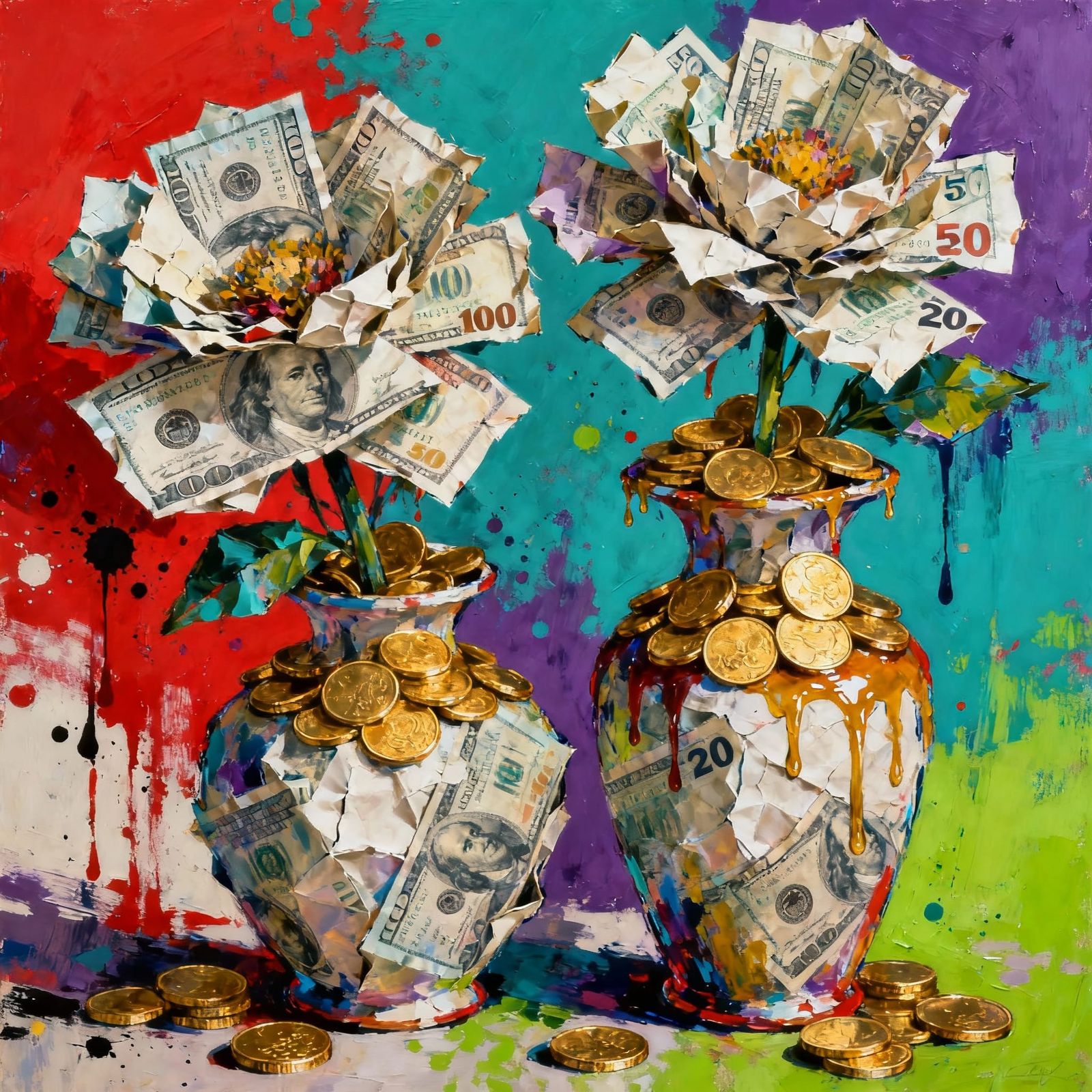 Money Flowers Bloom in Vibrant Abstract Garden